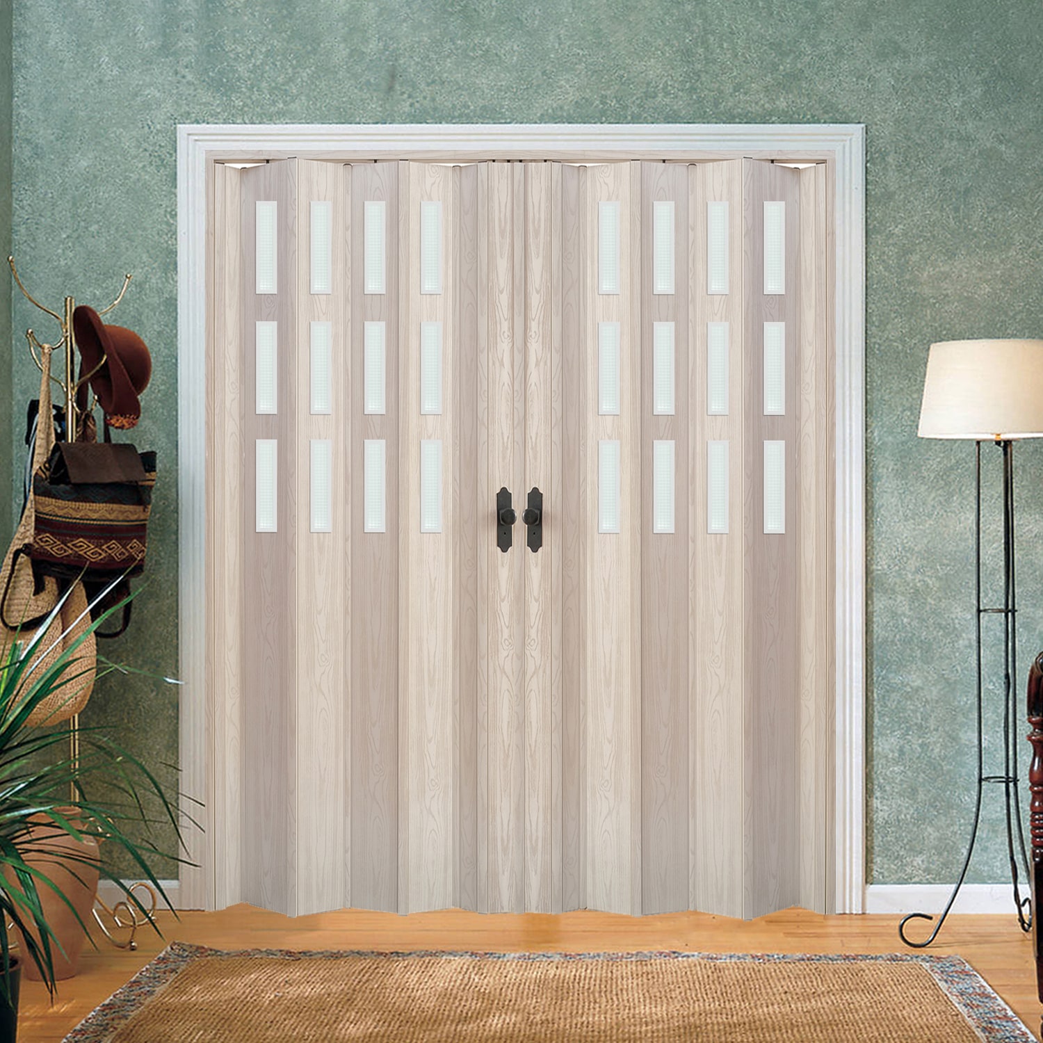 Akçaağaç Renk Camlı Çift Açılım Pvc Akordiyon Katlanır Kapı