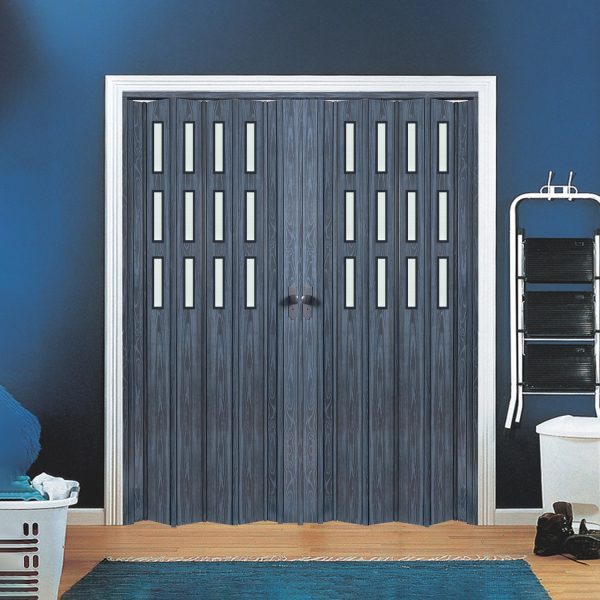 Antrasit Renk Camlı Çift Açılım Pvc Akordiyon Katlanır Kapı