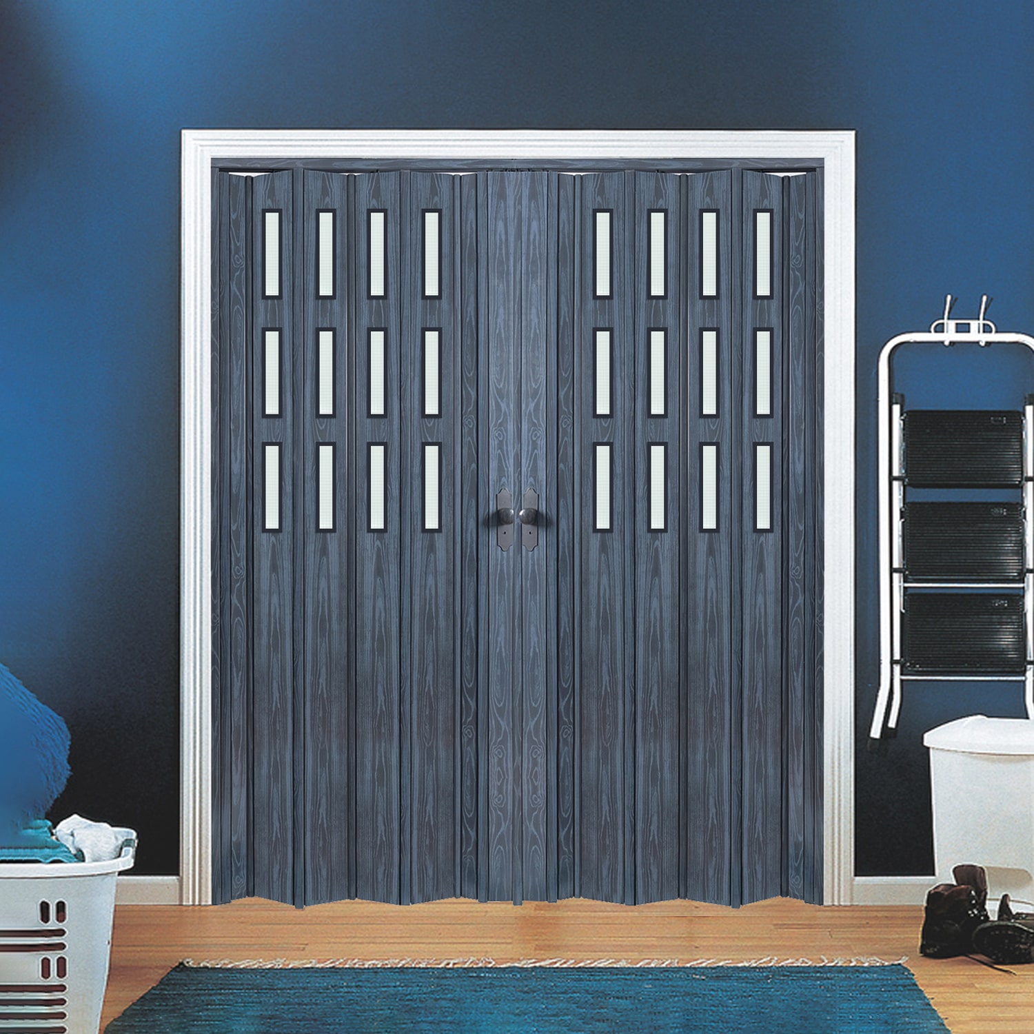 Antrasit Renk Camlı Çift Açılım Pvc Akordiyon Katlanır Kapı