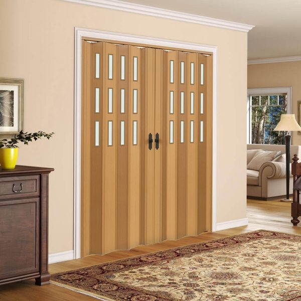 Meşe Renk Camlı Çift Açılım Pvc Akordiyon Katlanır Kapı